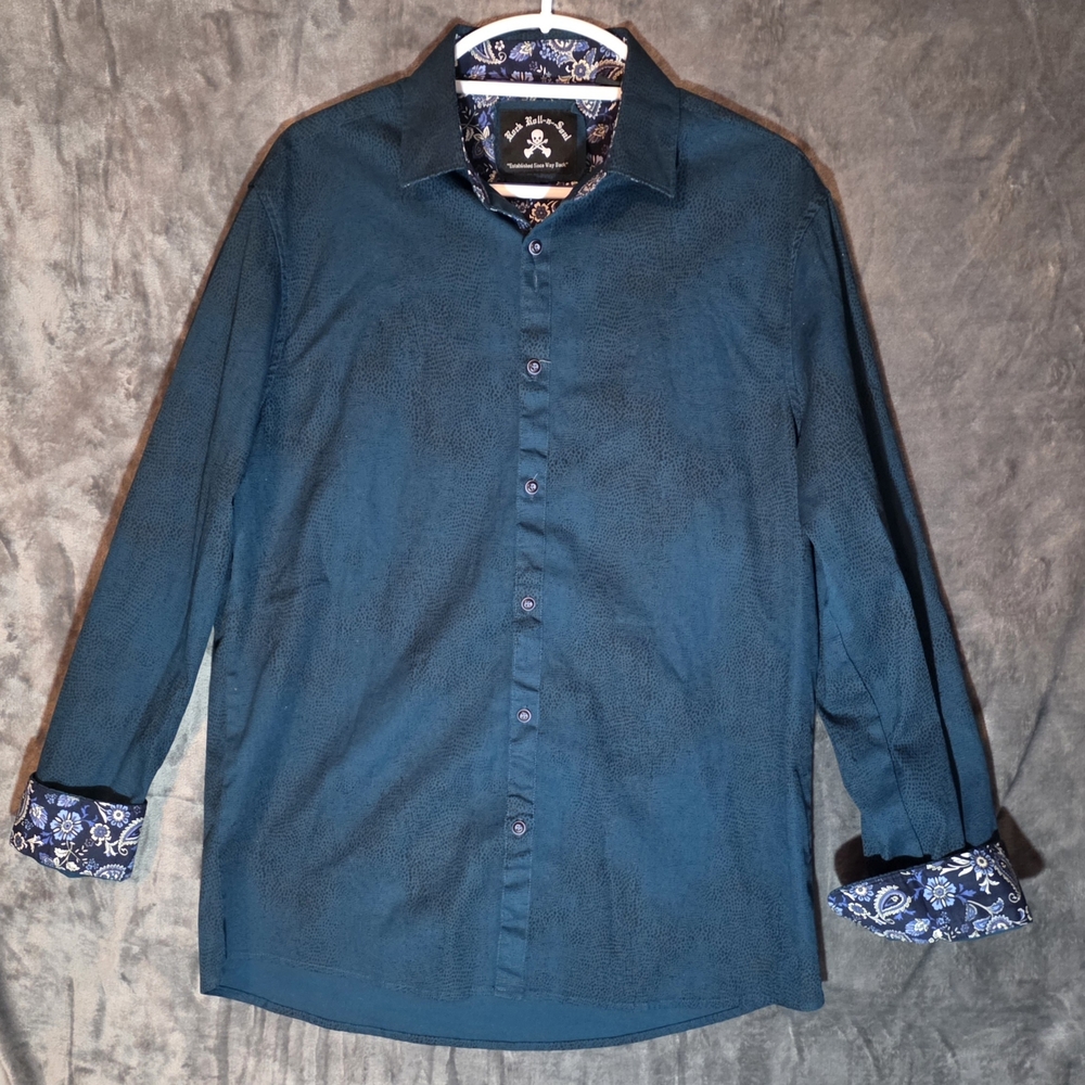 Rock Roll-n-Soul Men's Teal Long-Sleeve Button-Down Shirt with Contrast Cuffs